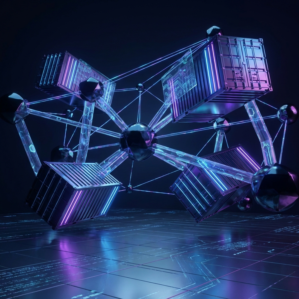 Abstract digital network nodes connecting glowing shipping containers in a dark void